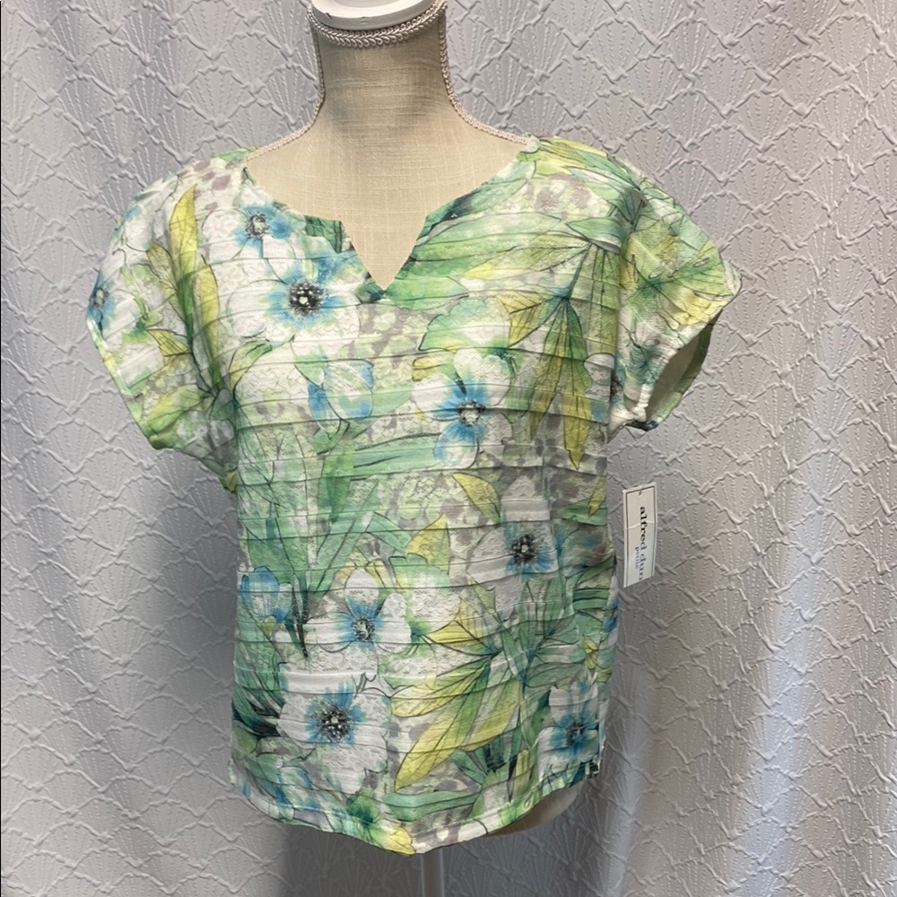 NWT Alfred Dunner size MPGreen and Yellow Ruched‎ Cap Sleeve Blouse floral lined